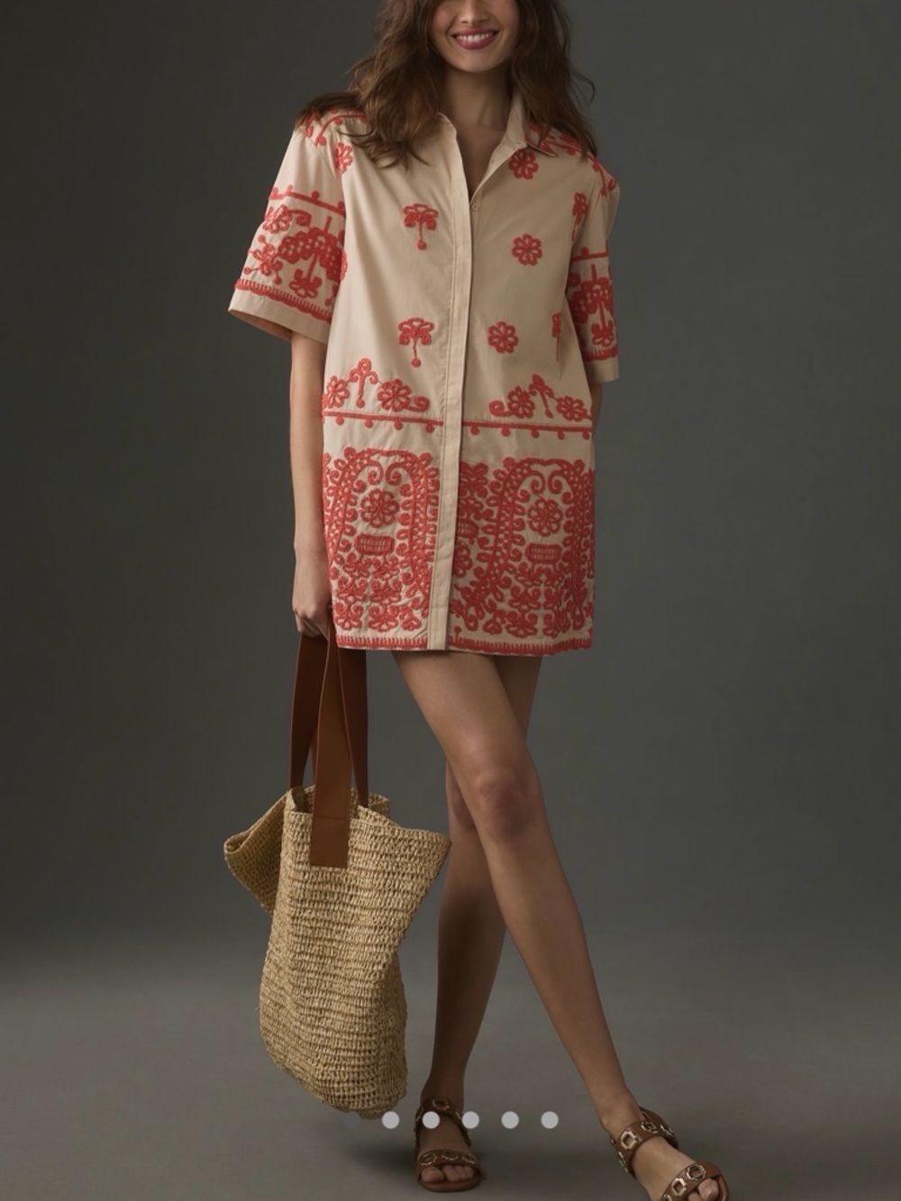 Embroidered Beige Button-Front Tunic with Coral Motif